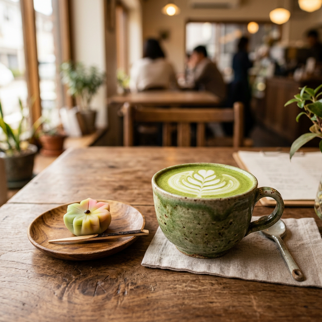抹茶ラテと和菓子